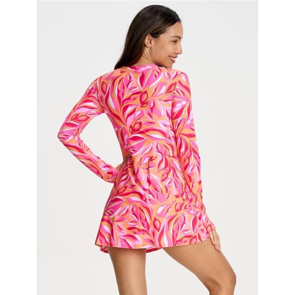 Cagola Rash Guard Swimsuit Long Sleeve Swim Dress Bra Pockets Pink Orange S NWT - Picture 3 of 9